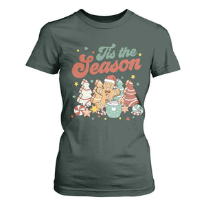 Christmas Cookies T Shirt For Women Tis The Season Xmas Tree Cakes Gingerbread Man Retro Groovy TS02 Dark Forest Green Print Your Wear