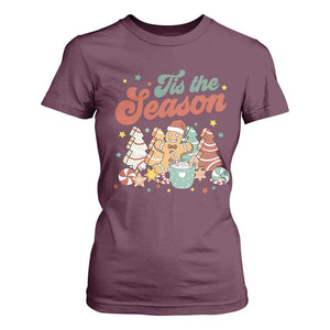 Christmas Cookies T Shirt For Women Tis The Season Xmas Tree Cakes Gingerbread Man Retro Groovy TS02 Maroon Print Your Wear