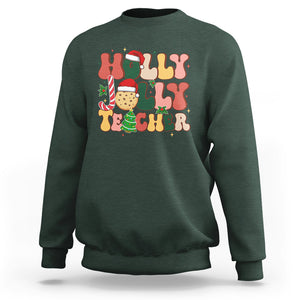 Groovy Holly Jolly Teacher Christmas Retro Xmas Sweatshirt TS02 Dark Forest Green Printyourwear