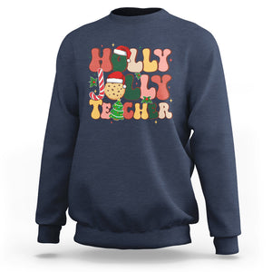 Groovy Holly Jolly Teacher Christmas Retro Xmas Sweatshirt TS02 Navy Printyourwear