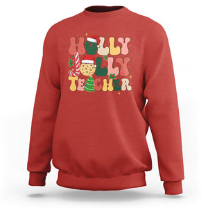 Groovy Holly Jolly Teacher Christmas Retro Xmas Sweatshirt TS02 Red Printyourwear