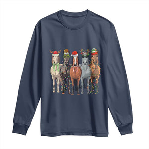 Funny Christmas Horse Long Sleeve Shirt Xmas Light Reindeer Horses Crew with Santa Hat TS02 Navy Print Your Wear