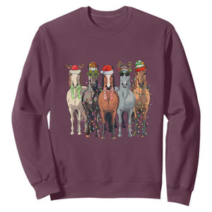 Funny Christmas Horse Sweatshirt Xmas Light Reindeer Horses Crew with Santa Hat TS02 Maroon Print Your Wear