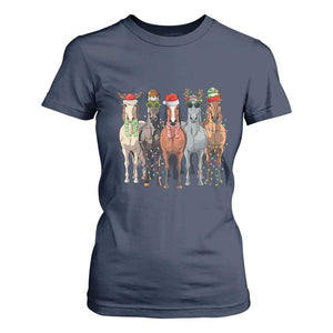 Funny Christmas Horse T Shirt For Women Xmas Light Reindeer Horses Crew with Santa Hat TS02 Navy Print Your Wear