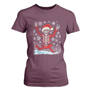 Dancing Skeleton Christmas T Shirt For Women Snowy Xmas Night Santa TS02 Maroon Print Your Wear