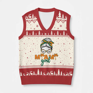Miami Girl Messy Bun Bandana V-Neck Knit Sweater Vest South Florida Pride Palm Trees TS02 Beige Red Print Your Wear