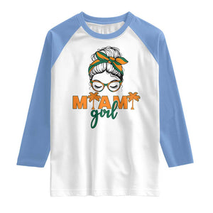 Miami Girl Messy Bun Bandana Raglan Shirt South Florida Pride Palm Trees TS02 White Carolina Blue Print Your Wear