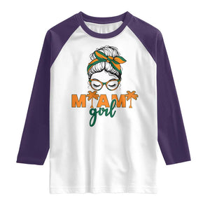 Miami Girl Messy Bun Bandana Raglan Shirt South Florida Pride Palm Trees TS02 White Purple Print Your Wear