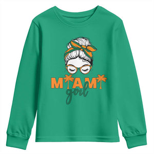 Miami Girl Messy Bun Bandana Youth Sweatshirt South Florida Pride Palm Trees TS02 Irish Green Print Your Wear