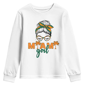 Miami Girl Messy Bun Bandana Youth Sweatshirt South Florida Pride Palm Trees TS02 White Print Your Wear