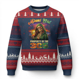 Miami Girl Skeleton Property of the 305 Ugly Christmas Sweater Tropical City Florida Pride Street Style TS02 Navy Red Print Your Wear