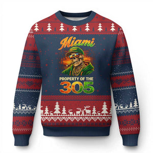 Miami Property of the 305 Skeleton Graphic Ugly Christmas Sweater Street King with Sunset Florida Swag TS02 Navy Red Print Your Wear