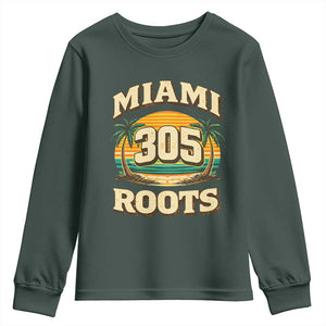Vintage Miami 305 Roots Youth Sweatshirt Retro Sunset Palm Trees Florida Natives TS02 Dark Forest Green Print Your Wear