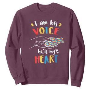 Autism Parent Sweatshirt I Am His Voice He Is My Heart Mom Dad Family Love Support TS02 Maroon Printyourwear
