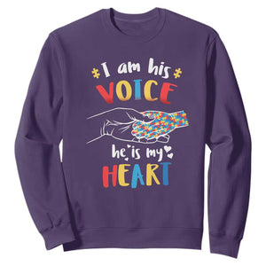 Autism Parent Sweatshirt I Am His Voice He Is My Heart Mom Dad Family Love Support TS02 Purple Printyourwear