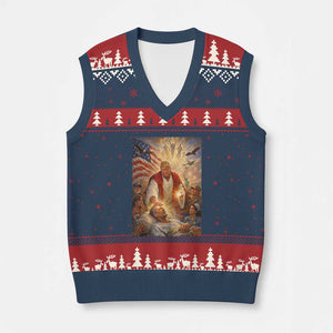 Trump The Healer Oil Painting Graphic V-Neck Knit Sweater Vest Sacred Heart Divine Mercy Political Parody TS02 Navy Red Print Your Wear