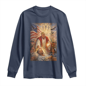 Trump The Healer Oil Painting Graphic Long Sleeve Shirt Sacred Heart Divine Mercy Political Parody TS02 Navy Print Your Wear