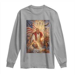 Trump The Healer Oil Painting Graphic Long Sleeve Shirt Sacred Heart Divine Mercy Political Parody TS02 Sport Gray Print Your Wear