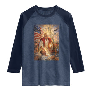 Trump The Healer Oil Painting Graphic Raglan Shirt Sacred Heart Divine Mercy Political Parody TS02 Heather Denim Navy Print Your Wear
