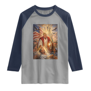 Trump The Healer Oil Painting Graphic Raglan Shirt Sacred Heart Divine Mercy Political Parody TS02 Sport Gray Navy Print Your Wear