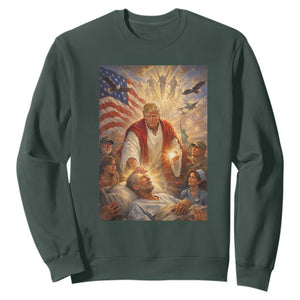 Trump The Healer Oil Painting Graphic Sweatshirt Sacred Heart Divine Mercy Political Parody TS02 Dark Forest Green Print Your Wear