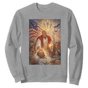 Trump The Healer Oil Painting Graphic Sweatshirt Sacred Heart Divine Mercy Political Parody TS02 Sport Gray Print Your Wear