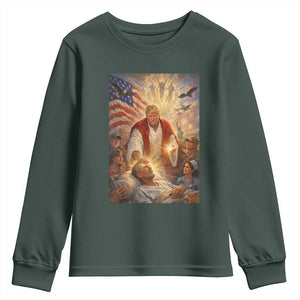 Trump The Healer Oil Painting Graphic Youth Sweatshirt Sacred Heart Divine Mercy Political Parody TS02 Dark Forest Green Print Your Wear