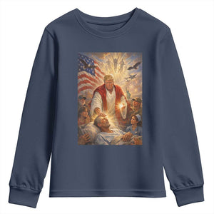 Trump The Healer Oil Painting Graphic Youth Sweatshirt Sacred Heart Divine Mercy Political Parody TS02 Navy Print Your Wear
