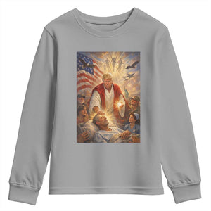 Trump The Healer Oil Painting Graphic Youth Sweatshirt Sacred Heart Divine Mercy Political Parody TS02 Sport Gray Print Your Wear
