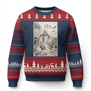 Trump The Healer Graphic Ugly Christmas Sweater Vintage Etching Style Religious Political Satire TS02 Navy Red Print Your Wear