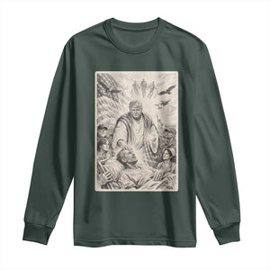 Trump The Healer Graphic Long Sleeve Shirt Vintage Etching Style Religious Political Satire TS02 Dark Forest Green Print Your Wear