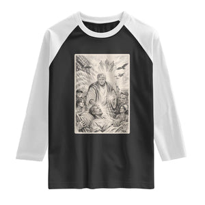 Trump The Healer Graphic Raglan Shirt Vintage Etching Style Religious Political Satire TS02 Black White Print Your Wear