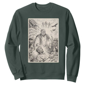 Trump The Healer Graphic Sweatshirt Vintage Etching Style Religious Political Satire TS02 Dark Forest Green Print Your Wear