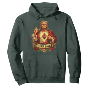 Trump Saves Sacred Heart Religious Parody Hoodie Jesus-Like Devine Leader Political Satire TS02 Dark Forest Green Print Your Wear
