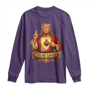 Trump Saves Sacred Heart Religious Parody Long Sleeve Shirt Jesus-Like Devine Leader Political Satire TS02 Purple Print Your Wear