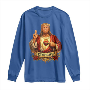 Trump Saves Sacred Heart Religious Parody Long Sleeve Shirt Jesus-Like Devine Leader Political Satire TS02 Royal Blue Print Your Wear