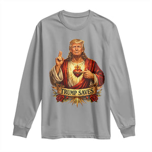 Trump Saves Sacred Heart Religious Parody Long Sleeve Shirt Jesus-Like Devine Leader Political Satire TS02 Sport Gray Print Your Wear