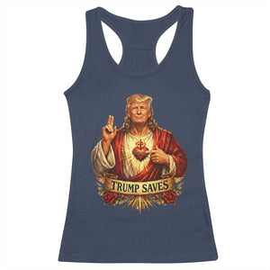 Trump Saves Sacred Heart Religious Parody Racerback Tank Top Jesus-Like Devine Leader Political Satire TS02 Navy Print Your Wear