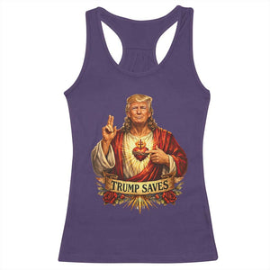 Trump Saves Sacred Heart Religious Parody Racerback Tank Top Jesus-Like Devine Leader Political Satire TS02 Purple Print Your Wear