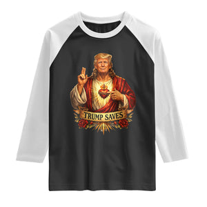 Trump Saves Sacred Heart Religious Parody Raglan Shirt Jesus-Like Devine Leader Political Satire TS02 Black White Print Your Wear