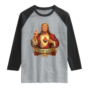Trump Saves Sacred Heart Religious Parody Raglan Shirt Jesus-Like Devine Leader Political Satire TS02 Heather Gray Black Print Your Wear