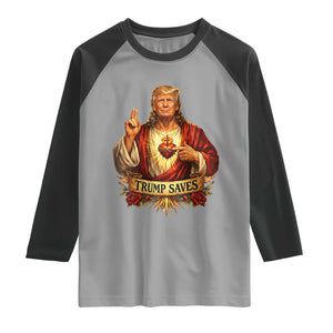 Trump Saves Sacred Heart Religious Parody Raglan Shirt Jesus-Like Devine Leader Political Satire TS02 Sport Gray Black Print Your Wear