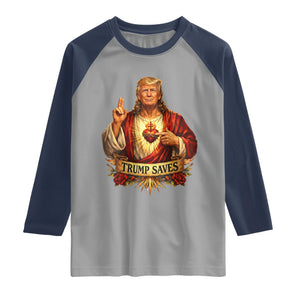 Trump Saves Sacred Heart Religious Parody Raglan Shirt Jesus-Like Devine Leader Political Satire TS02 Sport Gray Navy Print Your Wear