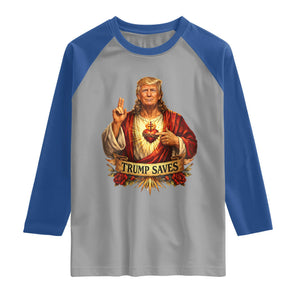 Trump Saves Sacred Heart Religious Parody Raglan Shirt Jesus-Like Devine Leader Political Satire TS02 Sport Gray Royal Print Your Wear