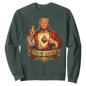 Trump Saves Sacred Heart Religious Parody Sweatshirt Jesus-Like Devine Leader Political Satire TS02 Dark Forest Green Print Your Wear