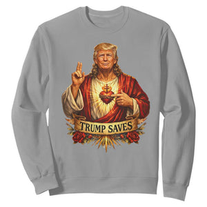 Trump Saves Sacred Heart Religious Parody Sweatshirt Jesus-Like Devine Leader Political Satire TS02 Sport Gray Print Your Wear