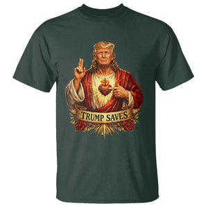 Trump Saves Sacred Heart Religious Parody T Shirt Jesus-Like Devine Leader Political Satire TS02 Dark Forest Green Print Your Wear