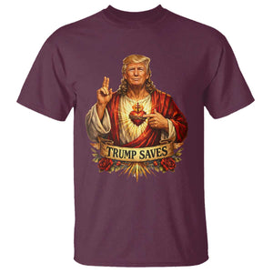 Trump Saves Sacred Heart Religious Parody T Shirt Jesus-Like Devine Leader Political Satire TS02 Maroon Print Your Wear