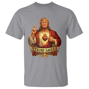 Trump Saves Sacred Heart Religious Parody T Shirt Jesus-Like Devine Leader Political Satire TS02 Sport Gray Print Your Wear