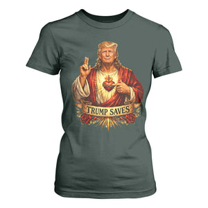 Trump Saves Sacred Heart Religious Parody T Shirt For Women Jesus-Like Devine Leader Political Satire TS02 Dark Forest Green Print Your Wear